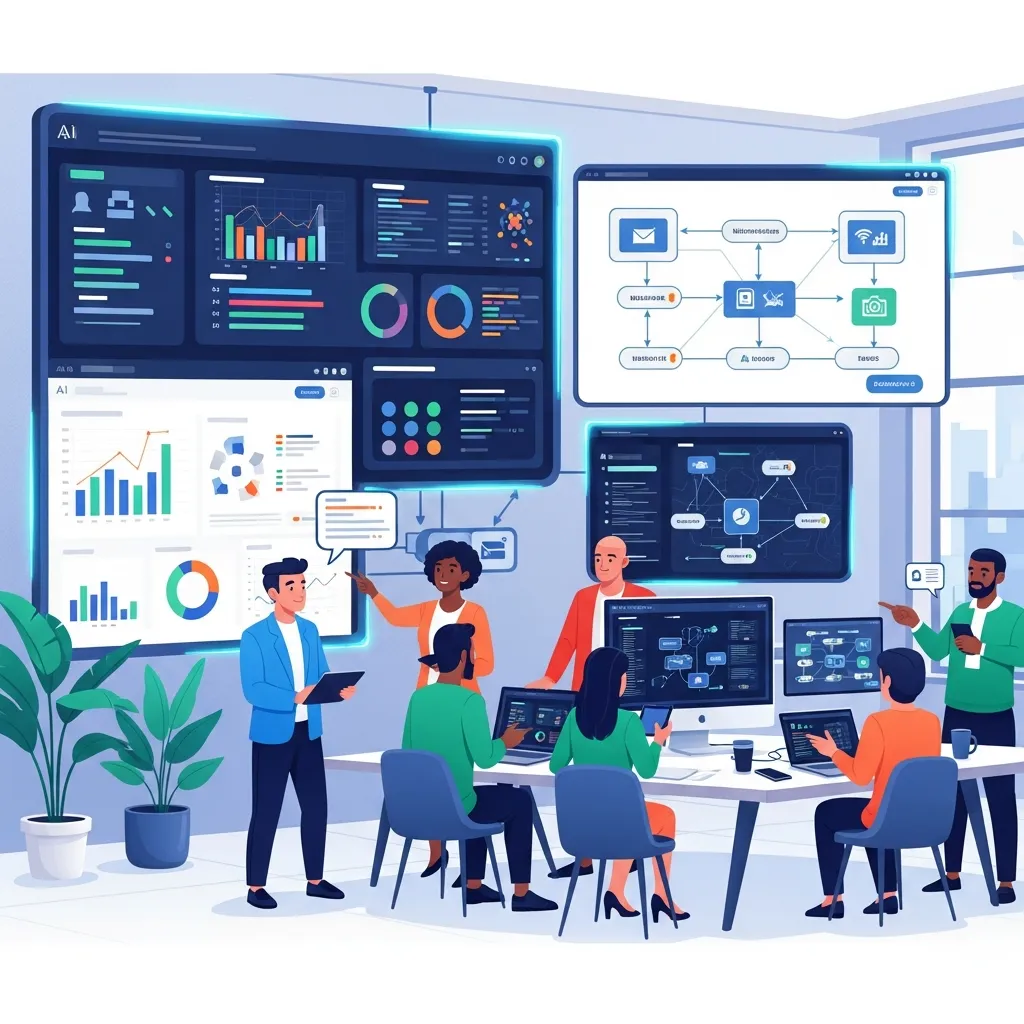 Modern office environment showing AI powered workflow tools automating business tasks on digital screens with data analytics dashboards and team collaboration.