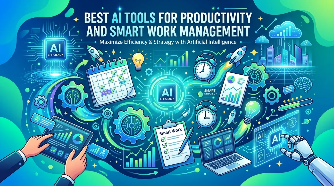 Modern workspace featuring AI-powered productivity apps for project management, writing assistance, scheduling, and team collaboration