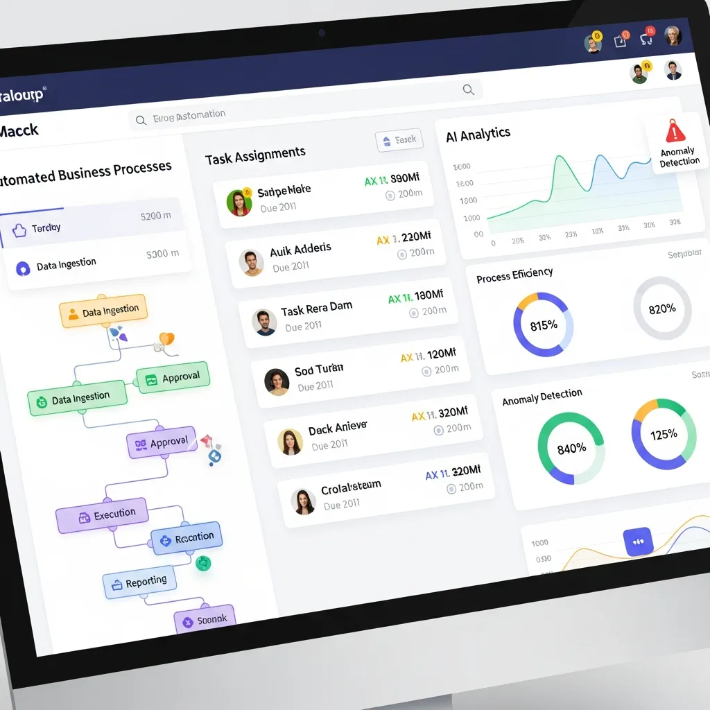 Workflow automation software interface displaying task assignments, AI analytics, and automated business processes on a computer dashboard.