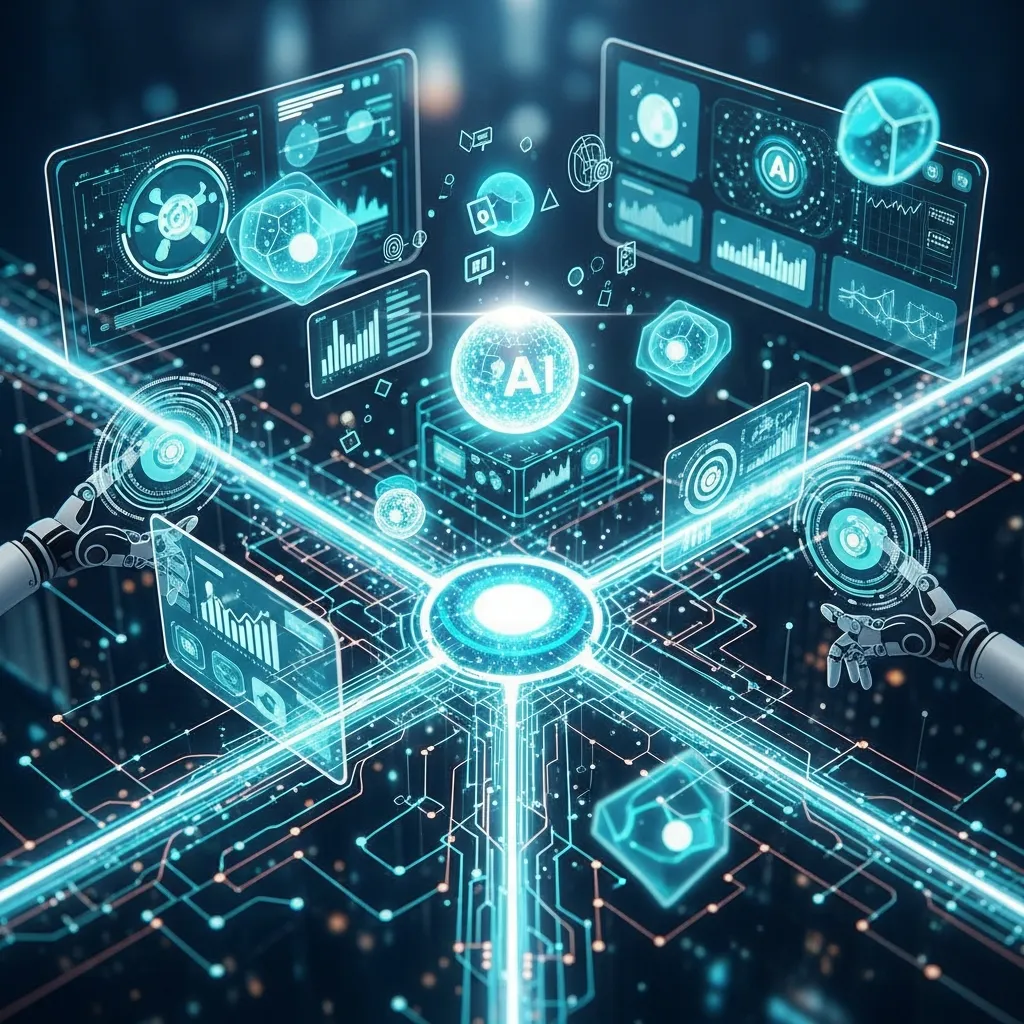 Futuristic concept of AI automation tools controlling digital workflows, smart systems, and business productivity processes in a connected technology environment.
