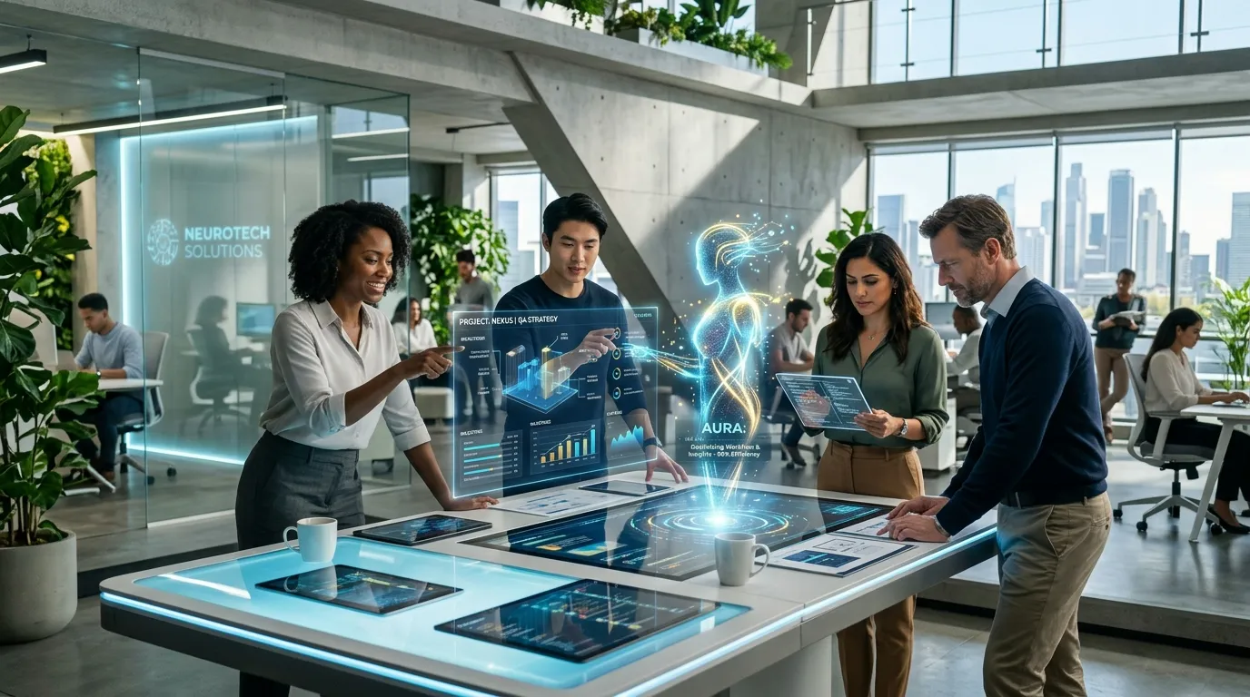 Business team collaborating with AI-powered project management tools, digital dashboards, and real-time communication platforms.