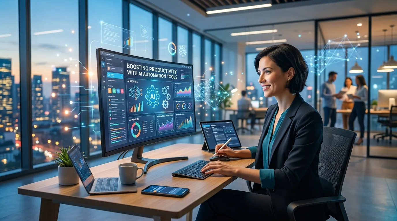 Artificial intelligence automating business tasks with workflow management, analytics dashboards, task tracking, and productivity software.