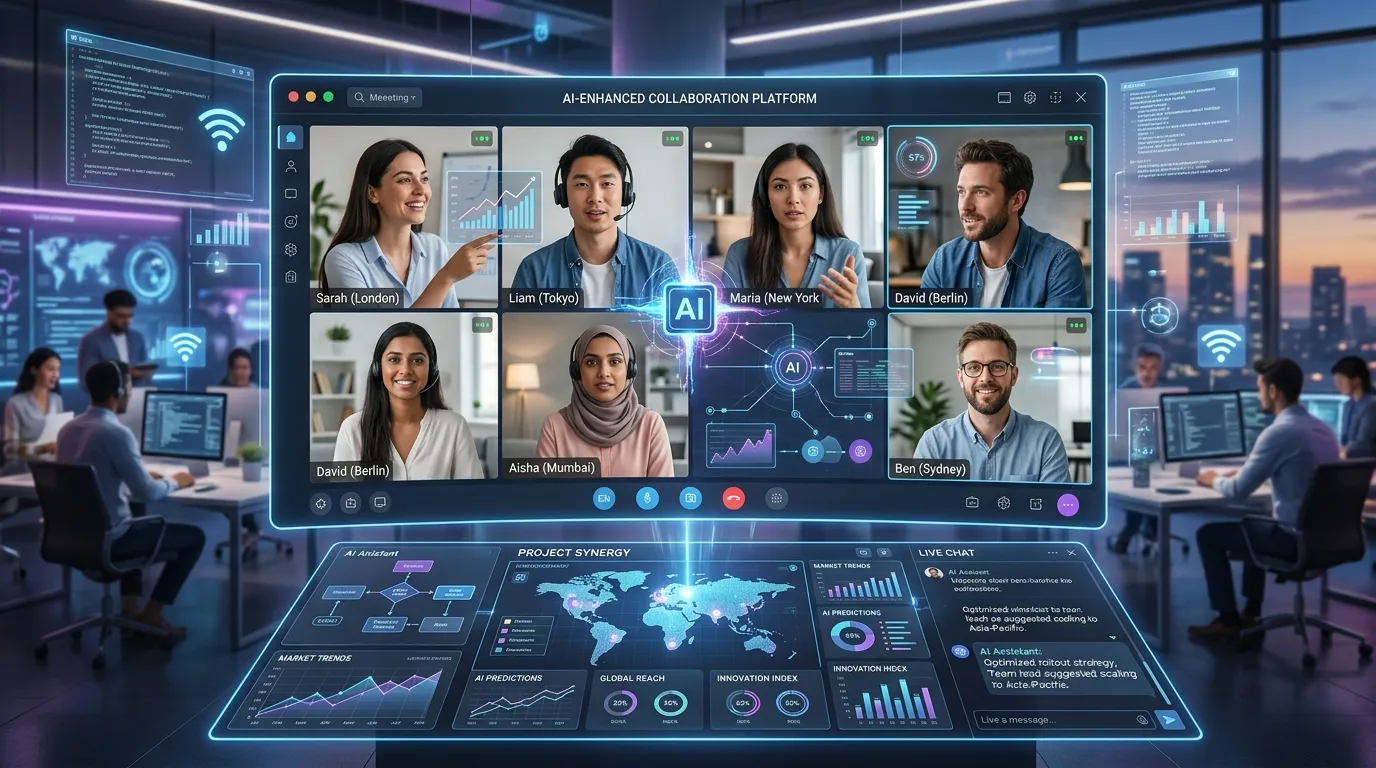 Remote professionals connected through AI-driven video meetings, smart scheduling, cloud collaboration, and automated workflow tools.